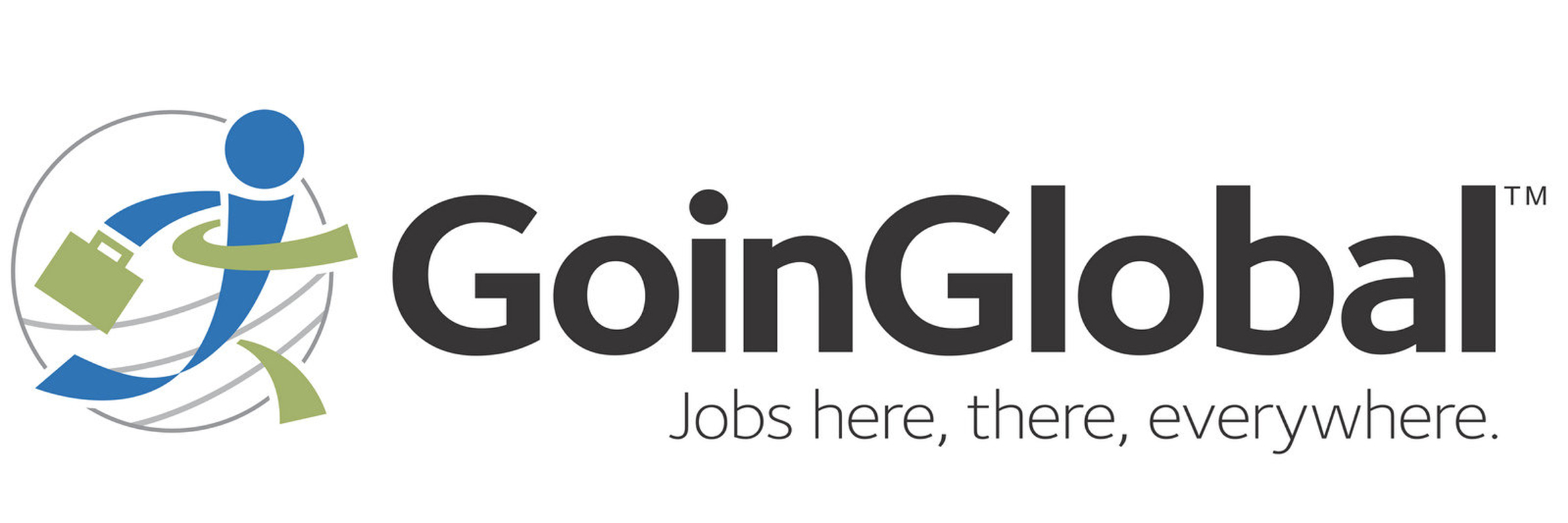 Logo for GoinGlobal with a person in motion with a suitcase, reads GoinGlobal: Jobs here, there, everywhere