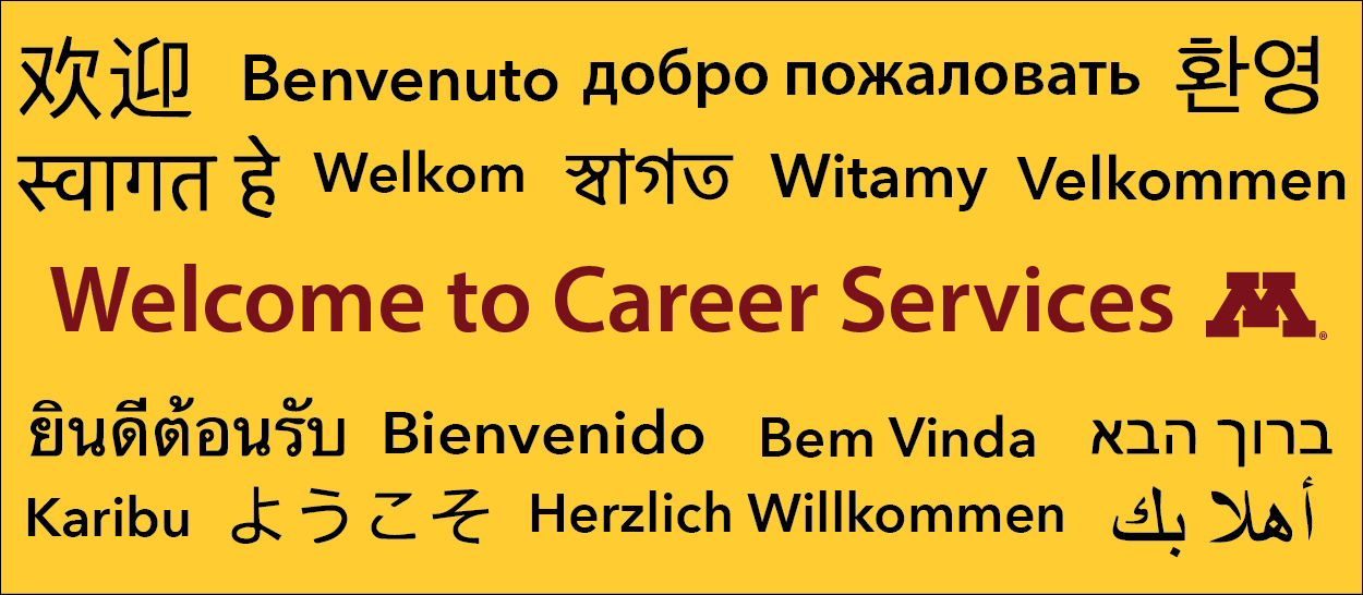 'Welcome to Career Services' and welcome stated in many languages