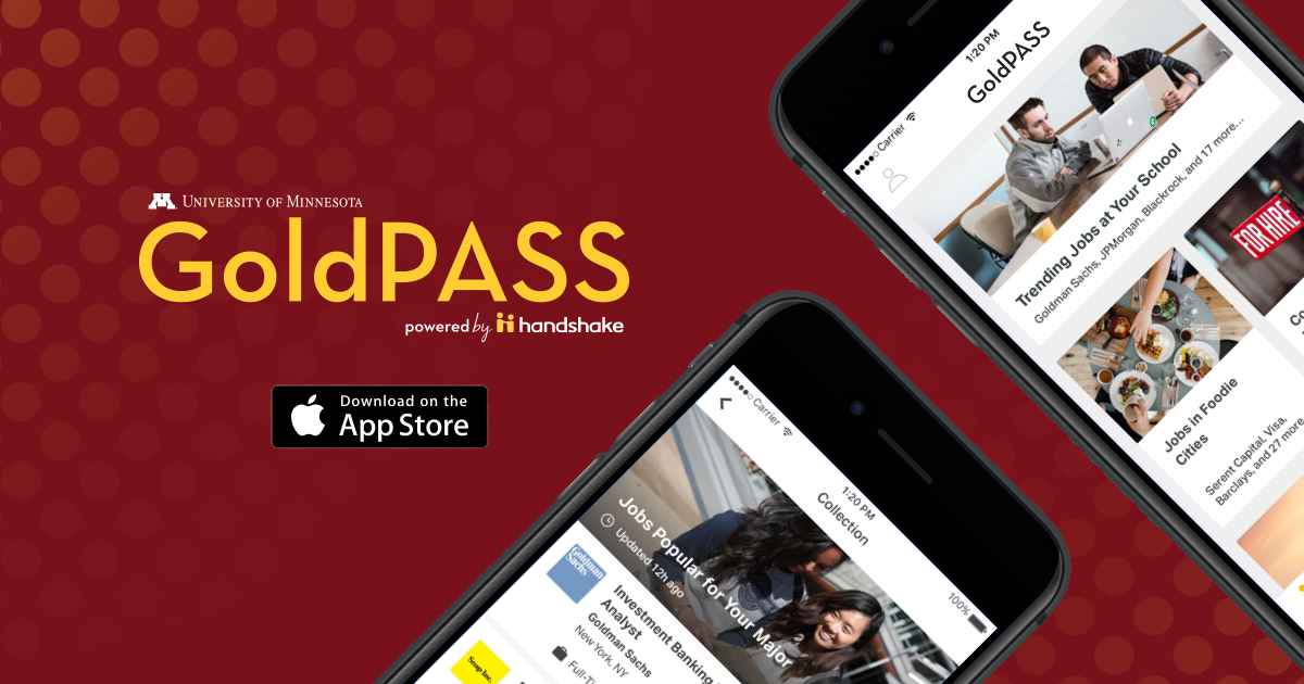 GoldPASS powered by Handshake ad - shows phone with mobile app